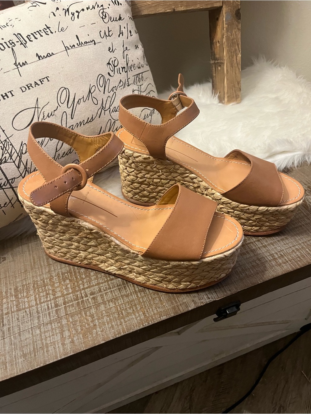 Dolce Vita beige Leather Espadrille Wedge Sandals with Ankle Buckle